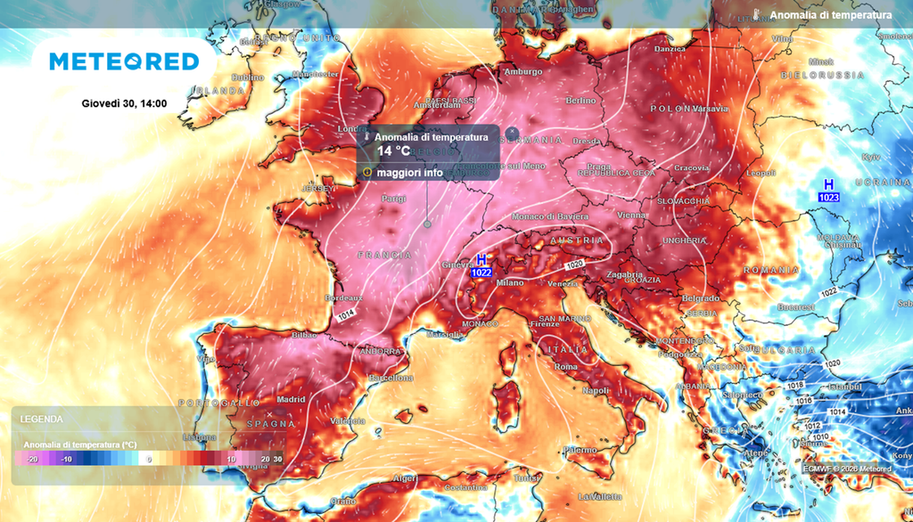 anomalie temperatura Le anomalie di temperatura previste in Europa a fine luglio: farà di nuovo molto più caldo della media in Francia e Germania.