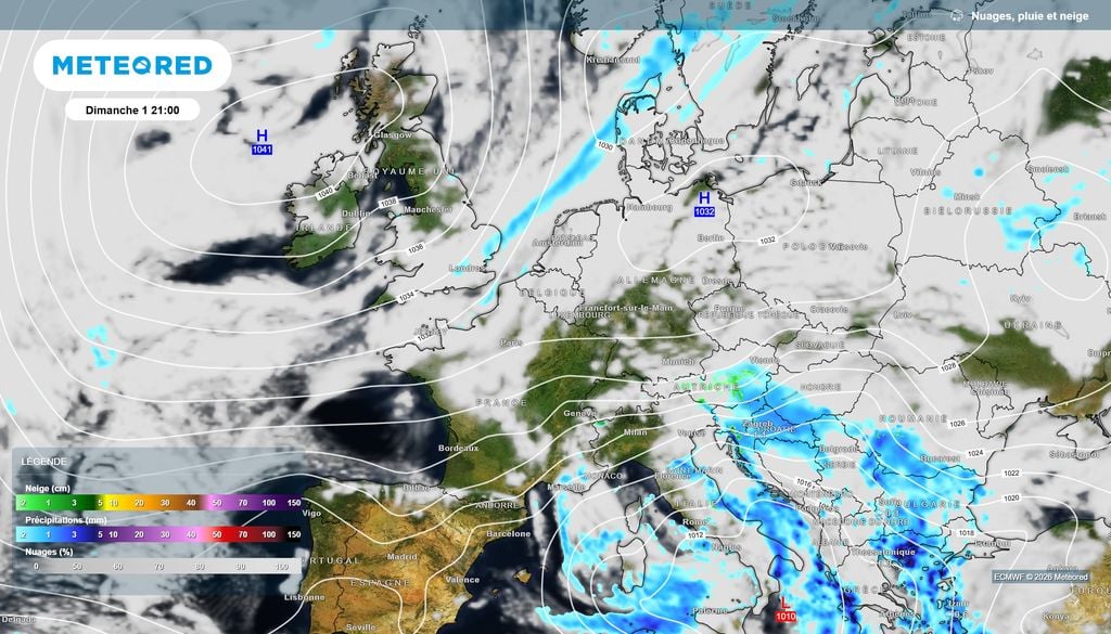 L'anticyclone, centré pour le dimanche de la Toussaint sur les îles britanniques à 1041 hPa, va engendrer un flux d'Est continental frais sur la France.