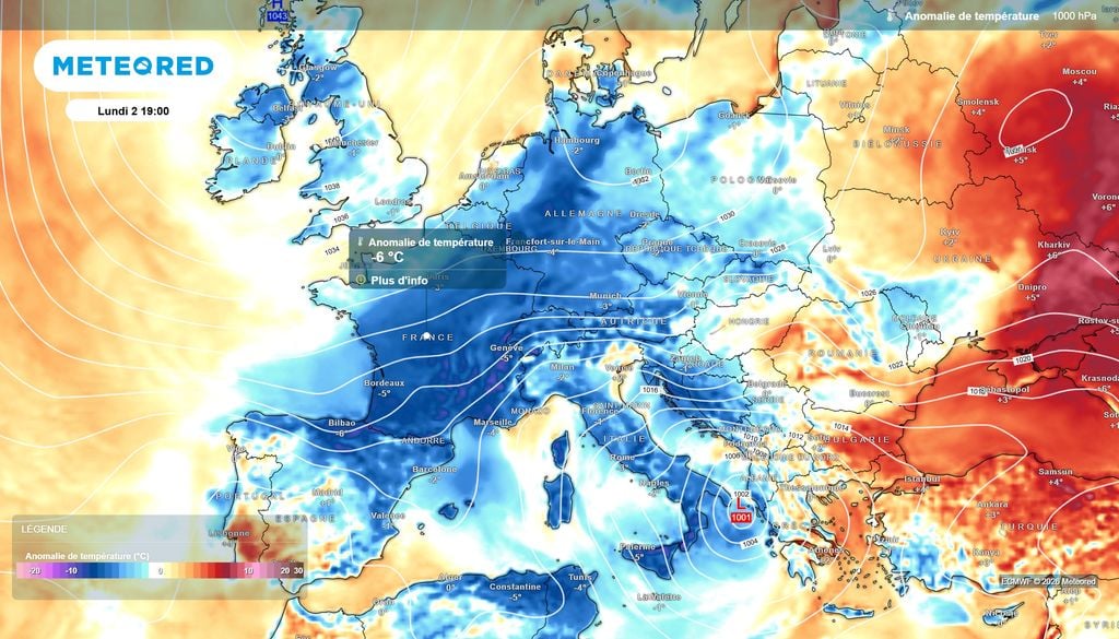 Le flux d'Est sera frais voire froid pour la saison en France lundi, avec des températures jusqu'à 6°C sous les normales de saison.