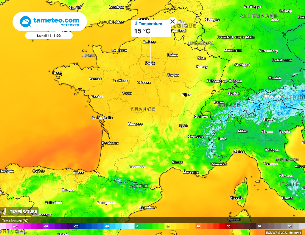 La barre des 15°C pourra être atteinte sur Paris en pleine nuit de dimanche à lundi ! C'est plus du double d'une température nocturne pour un mois de décembre.