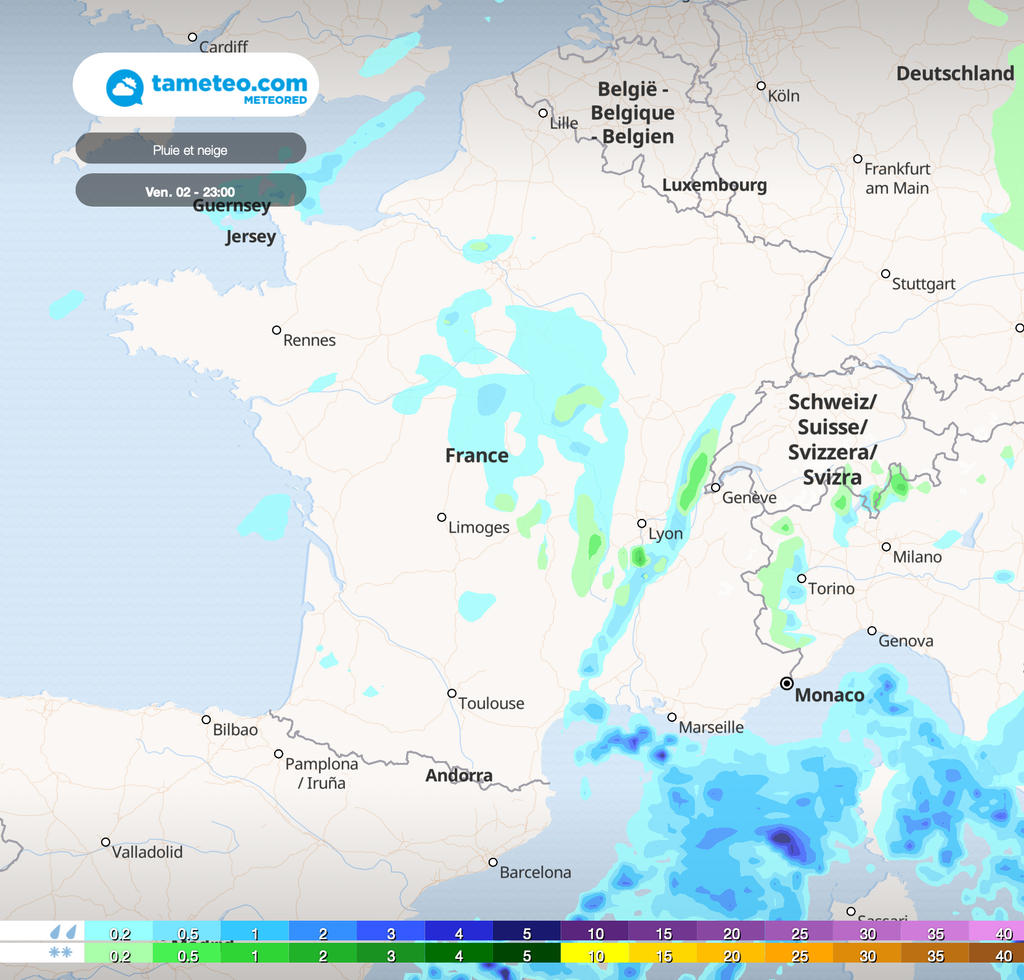 Bien que faibles, les précipitations au Nord de la Loire pourraient se faire sous forme de flocons. Bien que faibles, les précipitations au Nord de la Loire pourraient se faire sous forme de flocons.