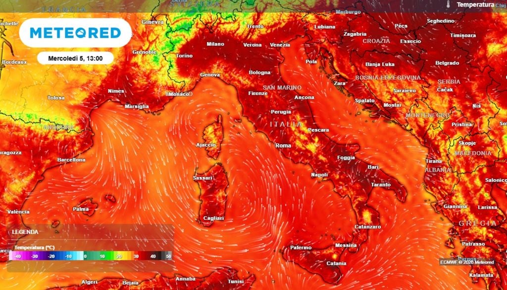 Temperature previste mercoledì 6 agosto alle ore 13:00 sull'Italia. ECMWF MeteoRed