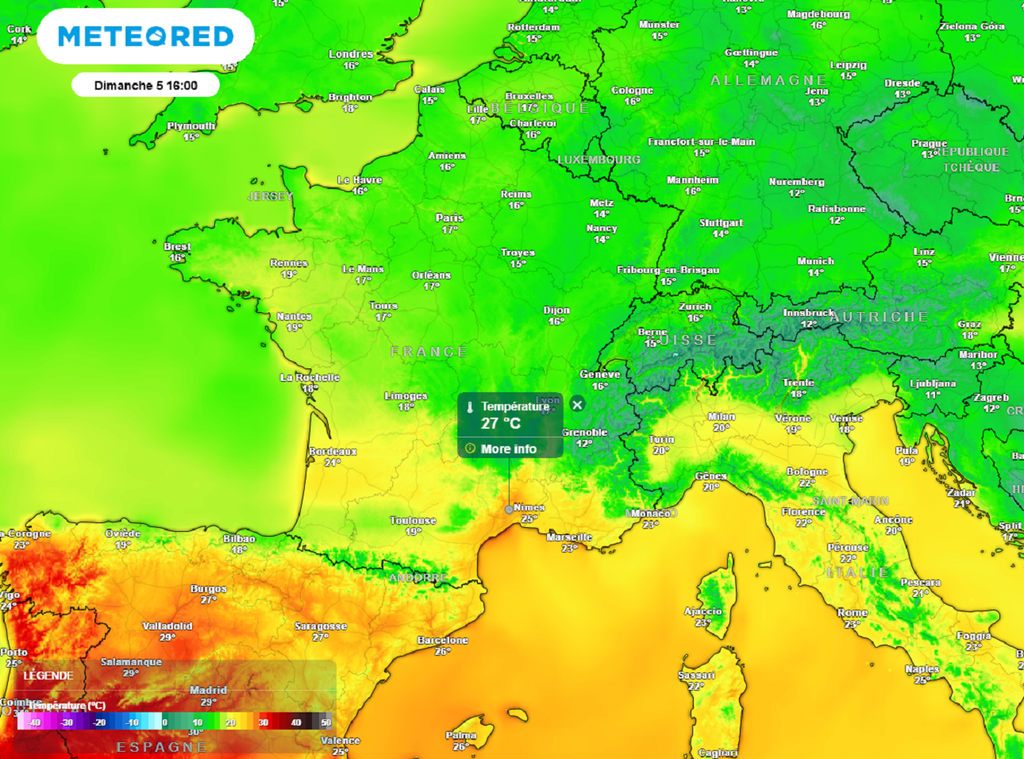 Dimanche après-midi, seul le Midi méditerranéen profitera de températures supérieures aux normales de saison. Dimanche après-midi, seul le Midi méditerranéen profitera de températures supérieures aux normales de saison.