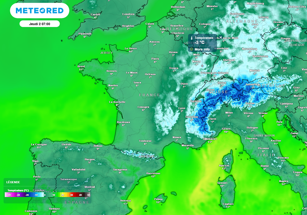 Jeudi matin, les valeurs seront souvent négatives dans les régions de l'est. Jeudi matin, les valeurs seront souvent négatives dans les régions de l'est.
