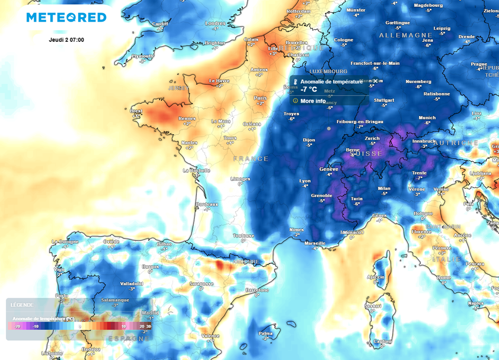 Jeudi matin, les minimales seront parfois situées jusqu'à 5 voire 7°C en dessous des normales de saison. Jeudi matin, les minimales seront parfois situées jusqu'à 5 voire 7°C en dessous des normales de saison.
