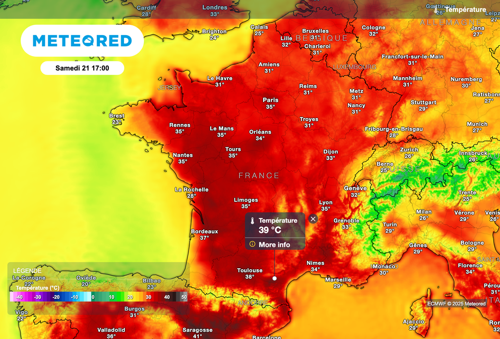 Près de 40 degrés attendus localement demain après-midi. Près de 40 degrés attendus localement demain après-midi.