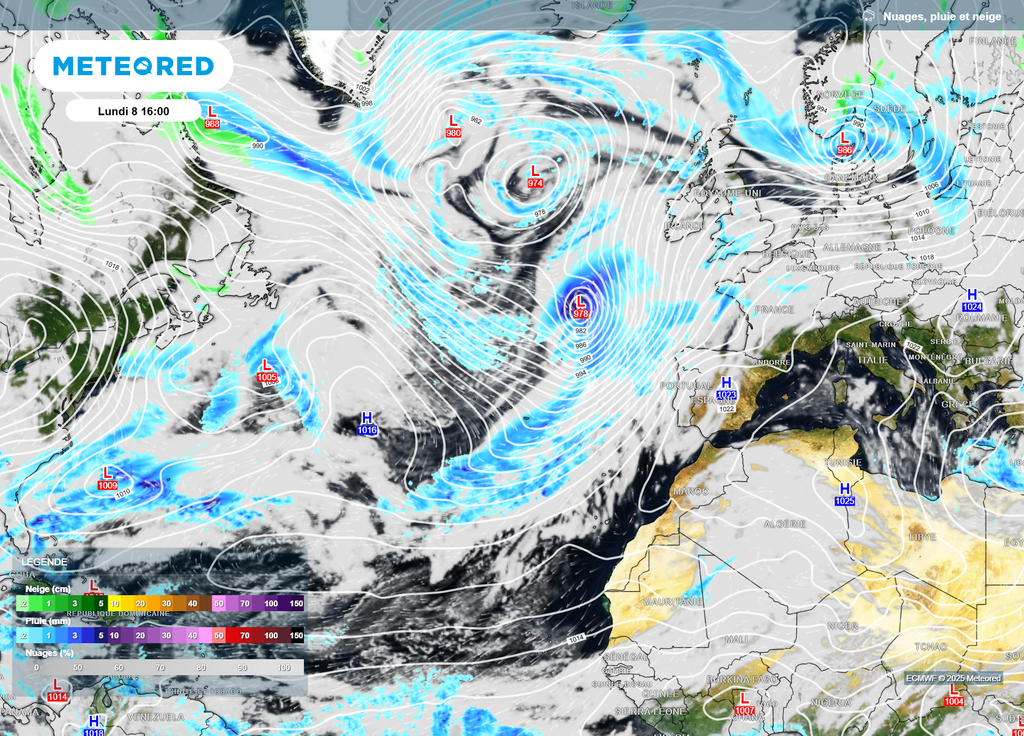 Isobares et précipitations lundi Atlantique Isobares et précipitations lundi Atlantique