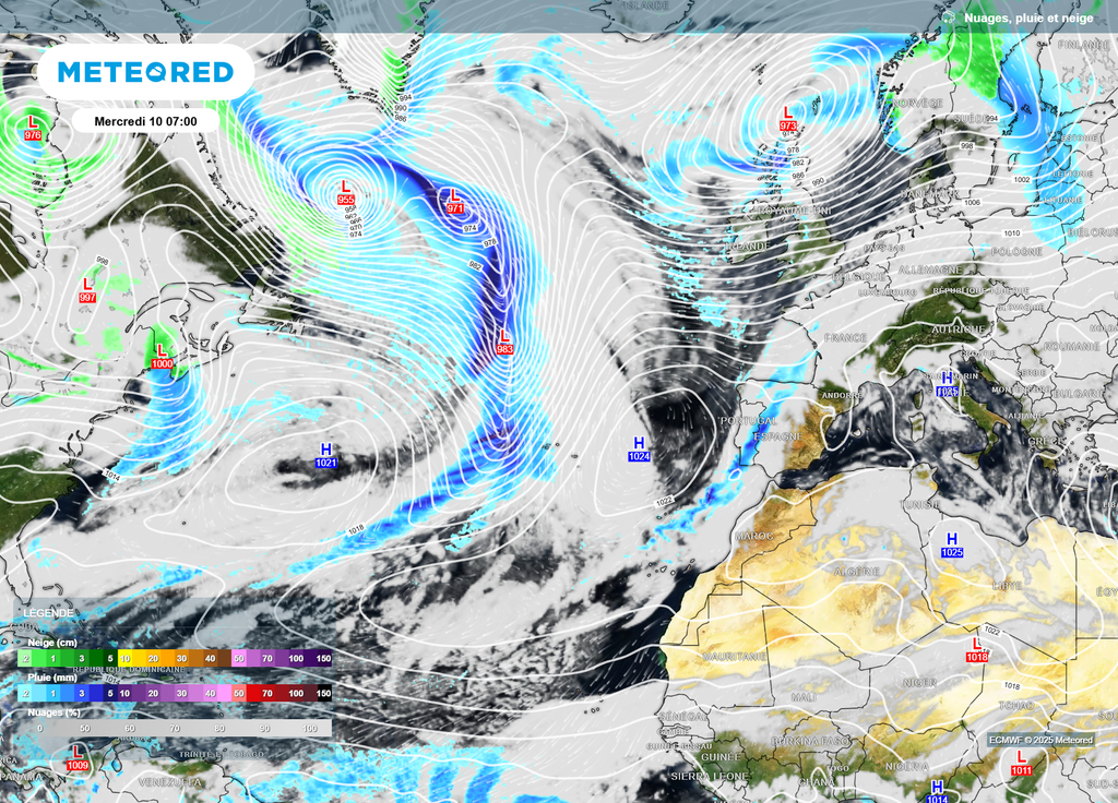 Isobares et précipitations mercredi Atlantique Isobares et précipitations mercredi Atlantique
