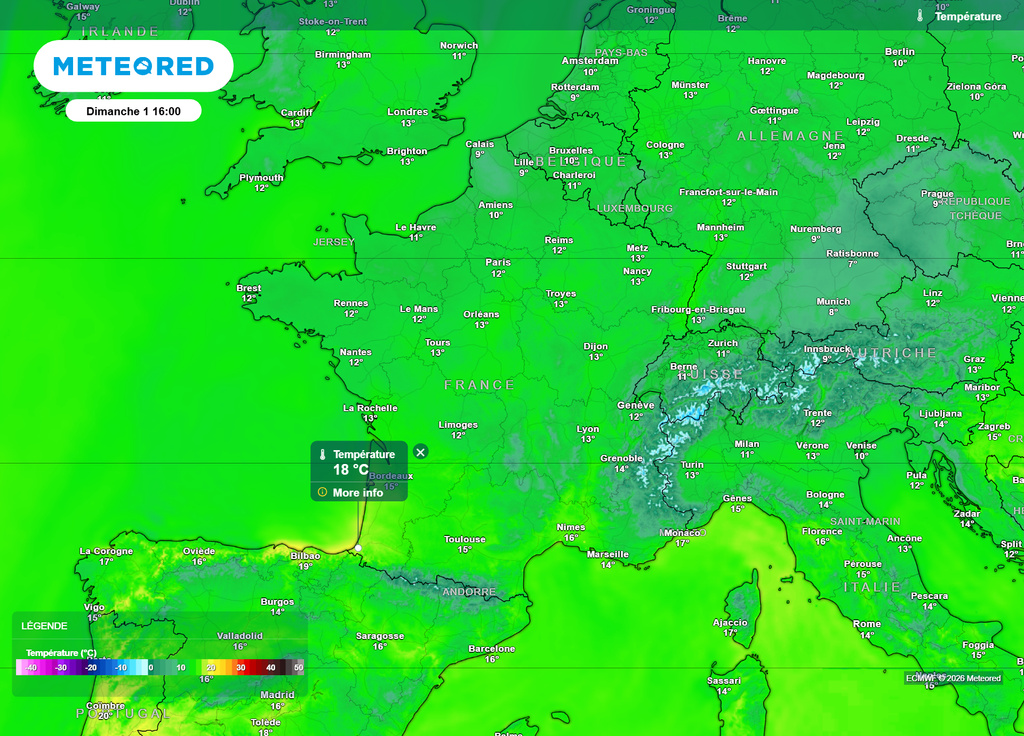 Ce dimanche après-midi, aucune région de France ne devrait atteindre les 20°C. Seuls le Pays basque, le Roussillon et la Corse pourraient frôler les 18-19°C.
