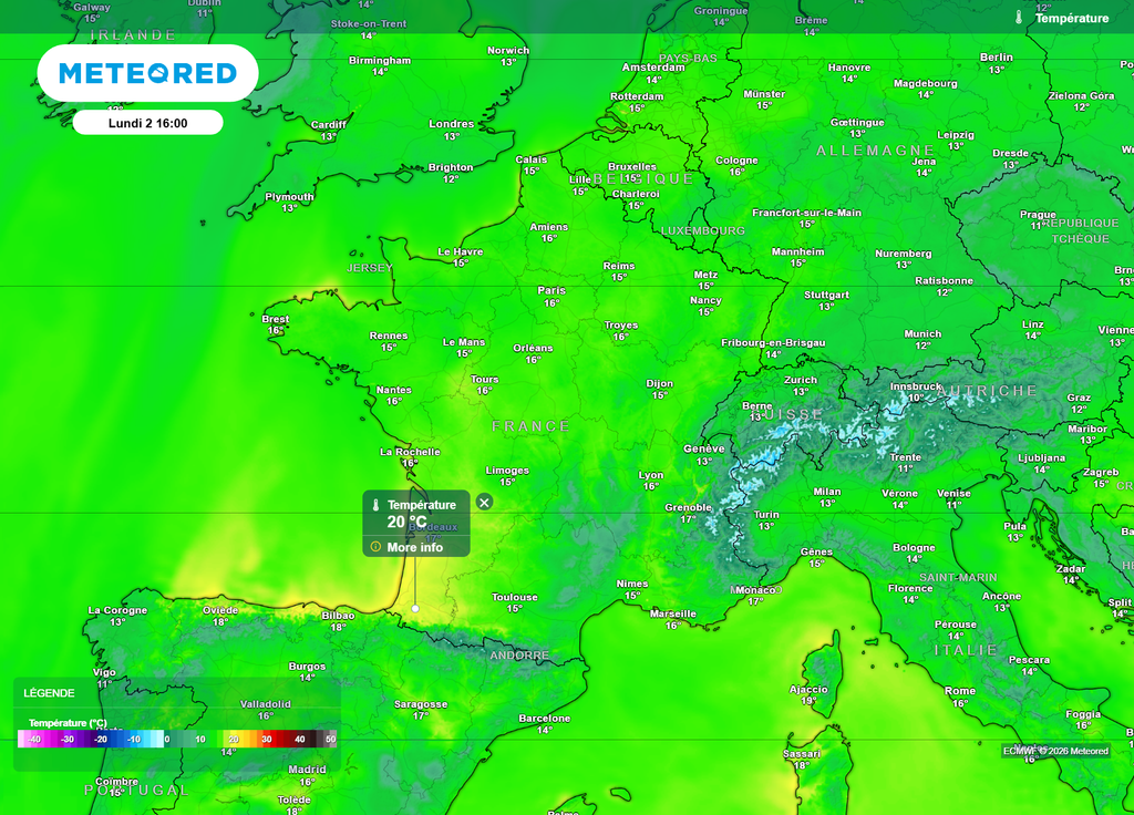 Lundi après-midi, les régions allant du Pays basque au Béarn risquent de dépasser les 20°C, avec localement des pointes à 21 ou 22°C, par exemple entre Biarritz et Pau.