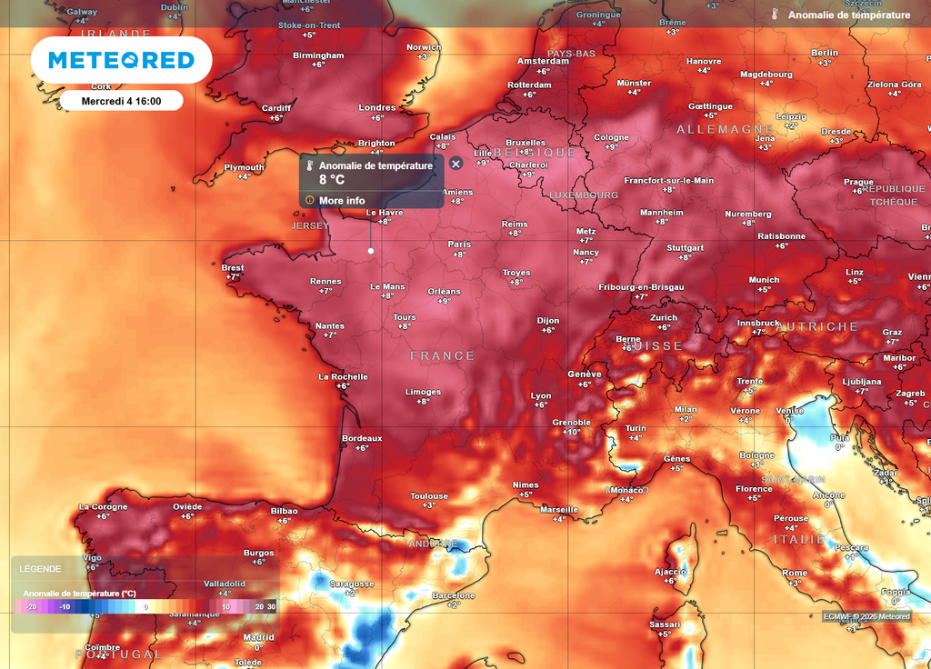 Mercredi après-midi, les températures seront souvent supérieures de 4 à 6°C aux moyennes de saison, jusqu'à 8°C au-dessus sur le tiers Nord.