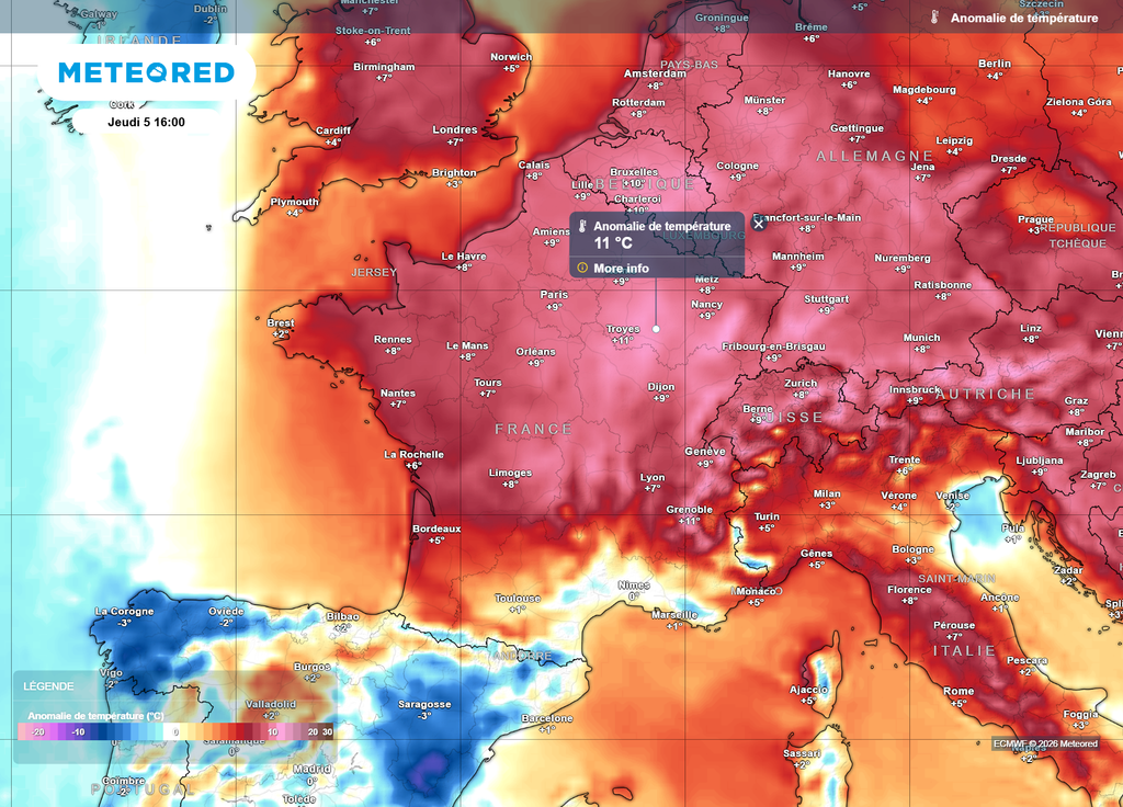 Jeudi après-midi, un pic de douceur sera atteint dans le Nord-Est, avec des températures parfois 11°C au-dessus des moyennes de saison.