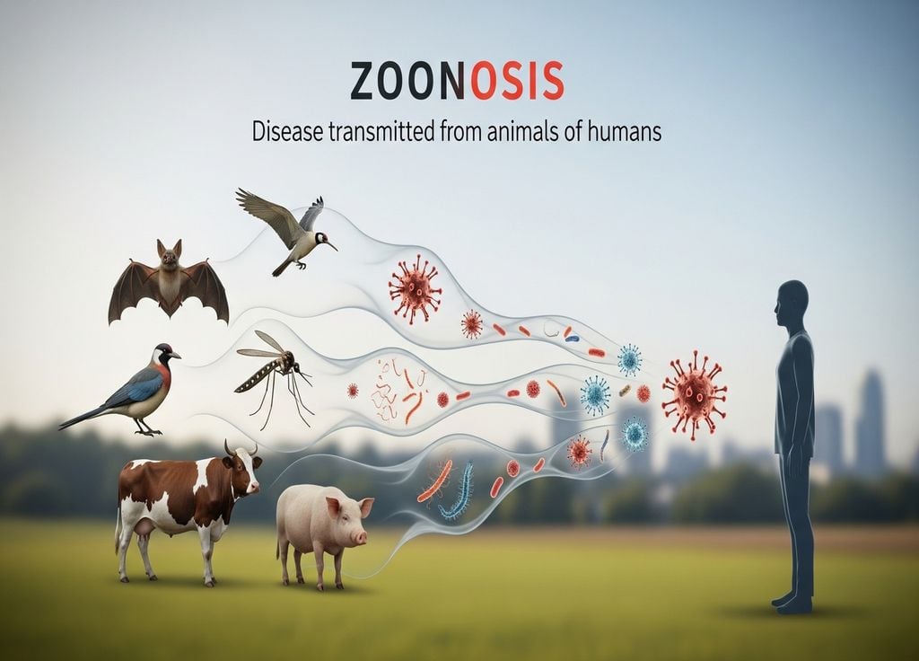 Image conceptuelle de la zoonose, montrant divers animaux transmettant des maladies comme des virus et des bactéries à l'homme. Image conceptuelle de la zoonose, montrant divers animaux transmettant des maladies comme des virus et des bactéries à l'homme.