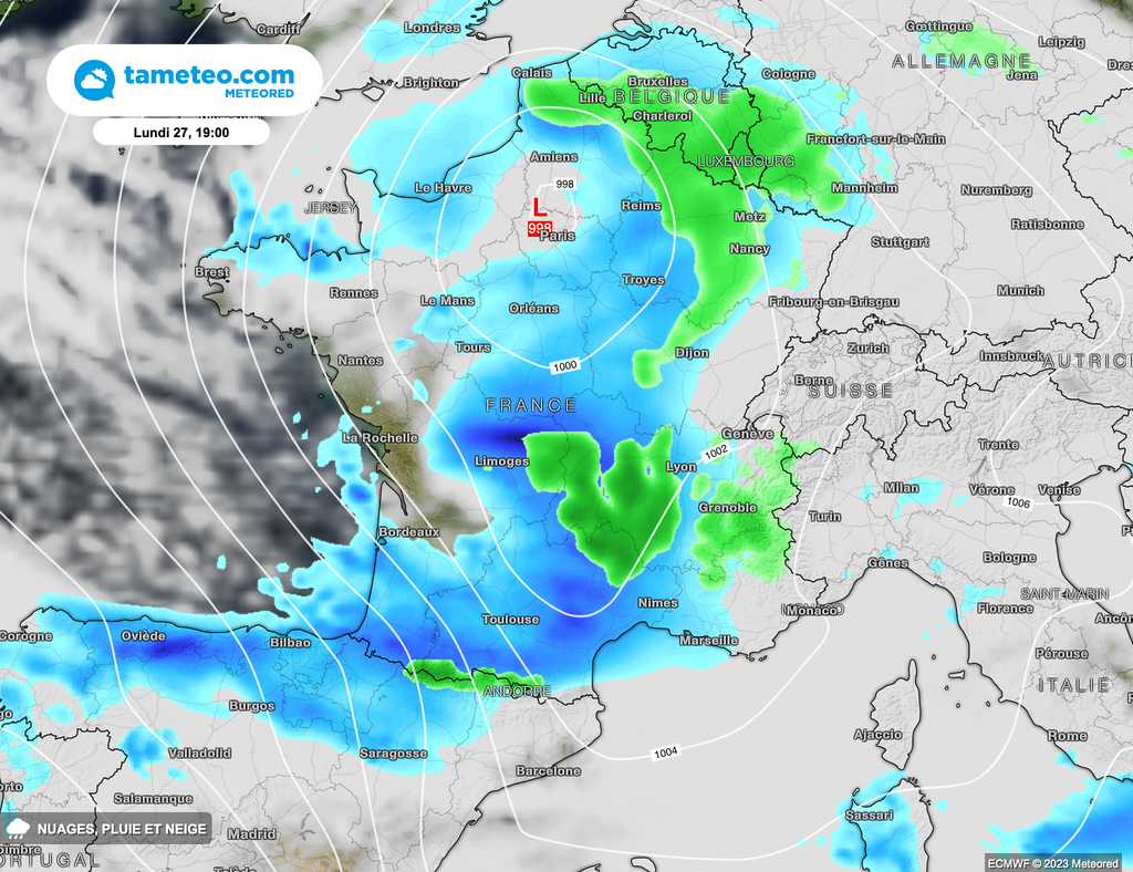Les chutes de neige en plaine arriveraient en cours de soirée et nuit de lundi à mardi dans le Nord-Est.
