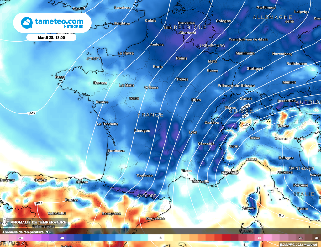 Un flux de Nord-Est viendrait faire sensiblement plonger les températures sous les normales sur tout l'hexagone mardi.