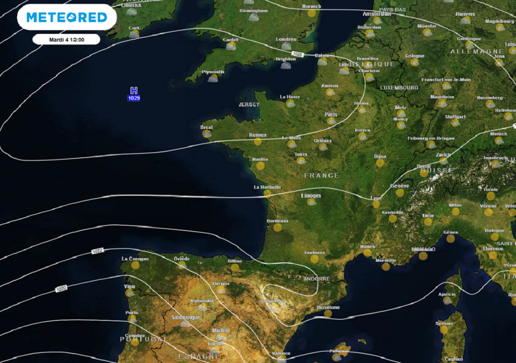 Avec des pressions proches de 1030 hPa, le temps s'annonce très ensoleillé en début de semaine prochaine.