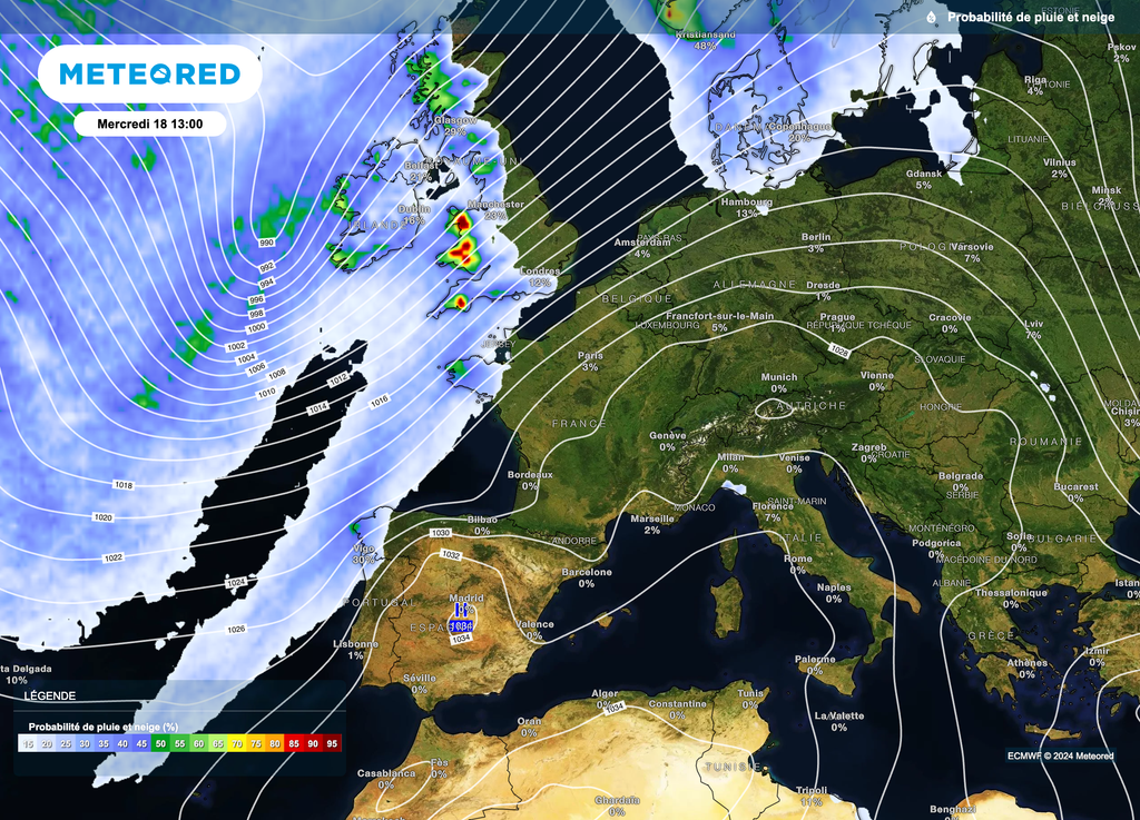 Dès mercredi, les perturbations réussiront à intéresser de façon atténuée la moitié ouest / nord-ouest avec un risque d'observer quelques pluies.
