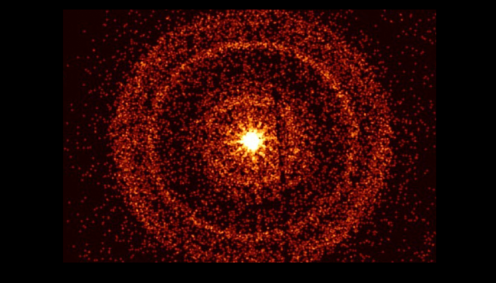 Transienti La distruzione dall'interno di una stella di Hawking da parte di un buco nero primordiale produrrebbe un flash gamma osservabile dai telescopi spaziali. L'immagine fornisce un esempio del flash gamma GRB 221009A osservato dal telescopio a raggi X Swift, ma in questa immagine non prodotto da stelle di Hawking. Credit: NASA/Swift/A. Beardmore (Università di Leicester) via AFP.