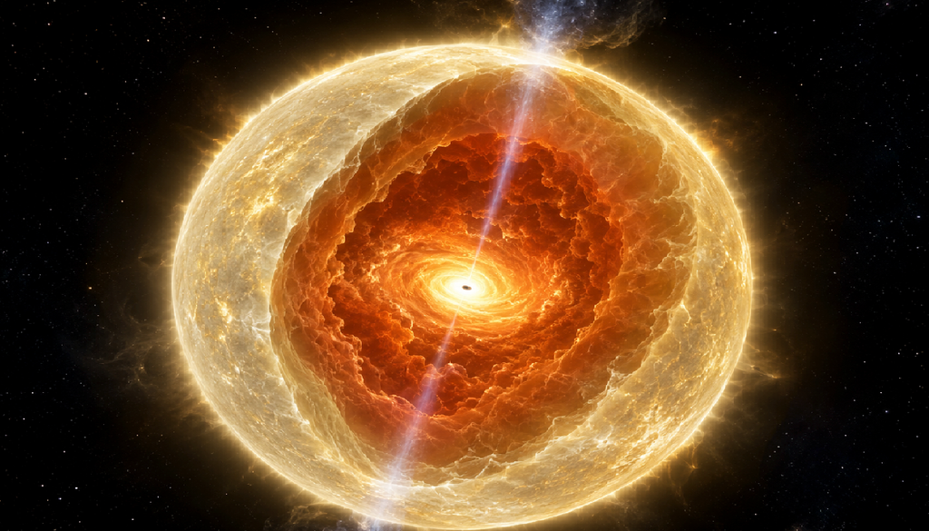 Stella di Hawking Rappresentazione artistica di una stella di Hawking divorata dall'interno da un buco nero primordiale, dopo la sua cattura.