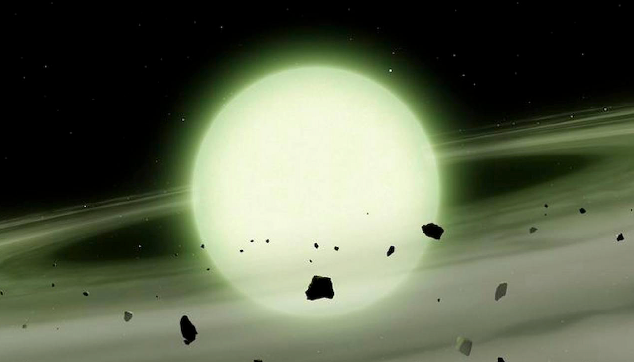 Representación artística de WD J1330+6435, cuya atmósfera contiene elementos provenientes de antiguos cuerpos planetarios. La absorción de luz por parte del sodio contribuye a su inusual tono amarillo verdoso. Imagen original: Warwick. Crédito: Mark A. Garlick.
