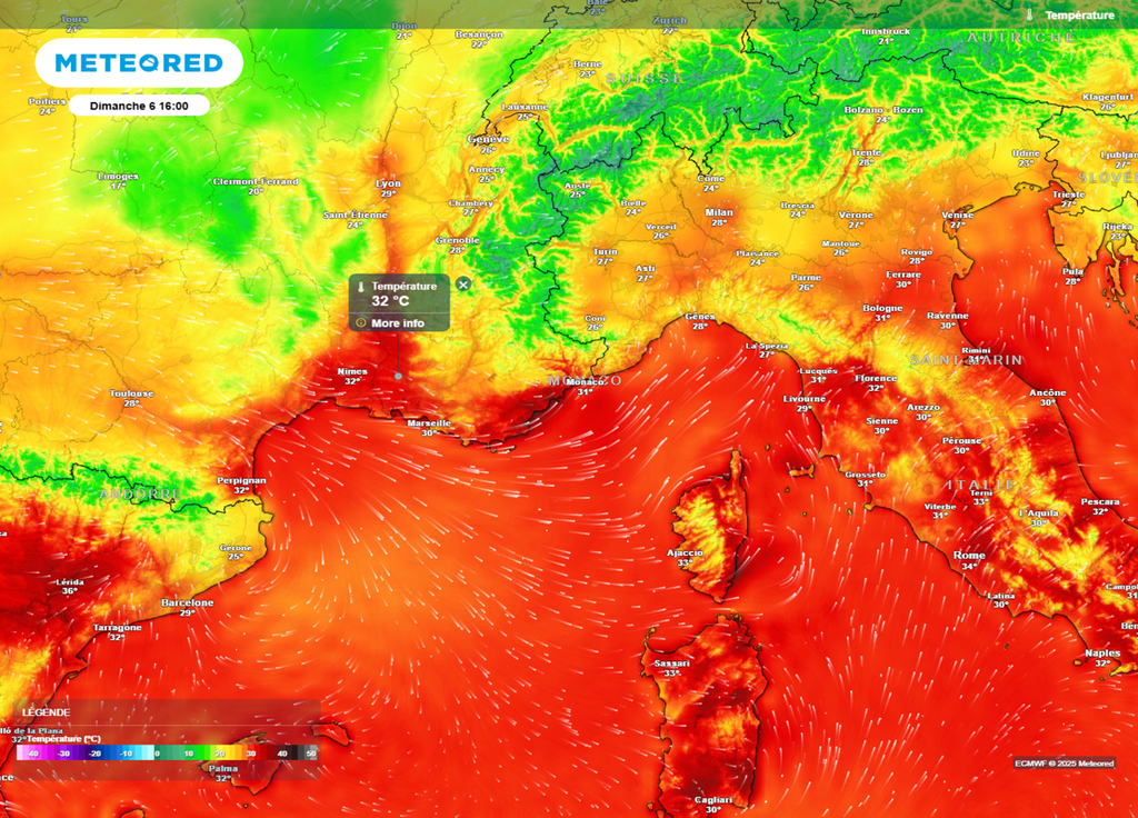 Températures dimanche après-midi Sud-Est Températures dimanche après-midi Sud-Est