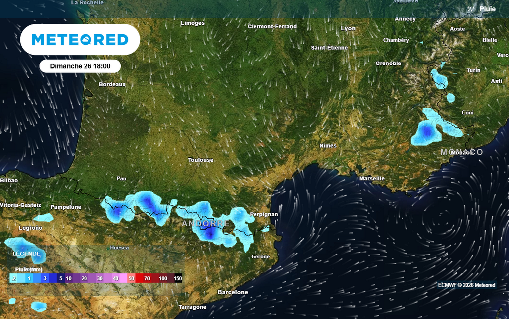 Des averses parfois orageuses sont attendues dimanche après-midi entre le sud des Alpes et les Pyrénées