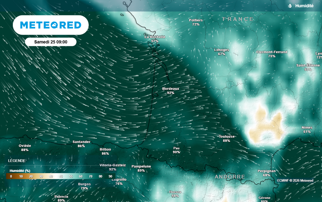 De l'air océanique bien humide envahira le sud-ouest de la France samedi, provoquant la formation de nuages bas tenaces entre la Nouvelle-Aquitaine et l'Occitanie