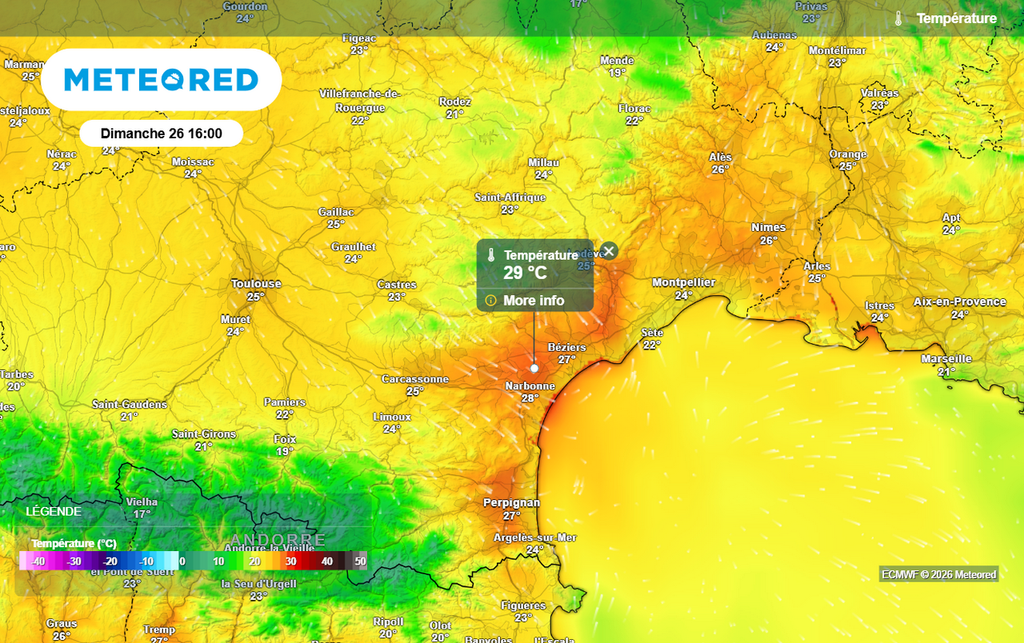 Des pointes à plus de 28°C sont possibles dans l'arrière-pays méditerranéen dimanche après-midi, notamment dans l'intérieur du Languedoc-Roussillon