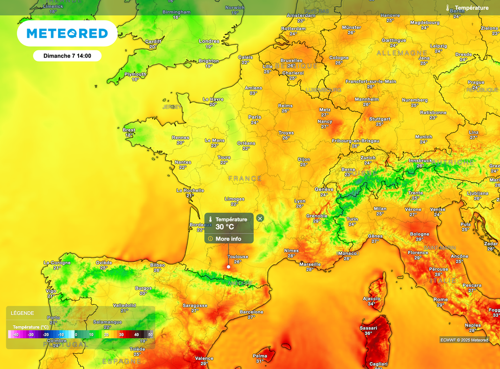 Chaleur modérée à localement forte pour ce dimanche. Déjà une baisse par l'ouest.