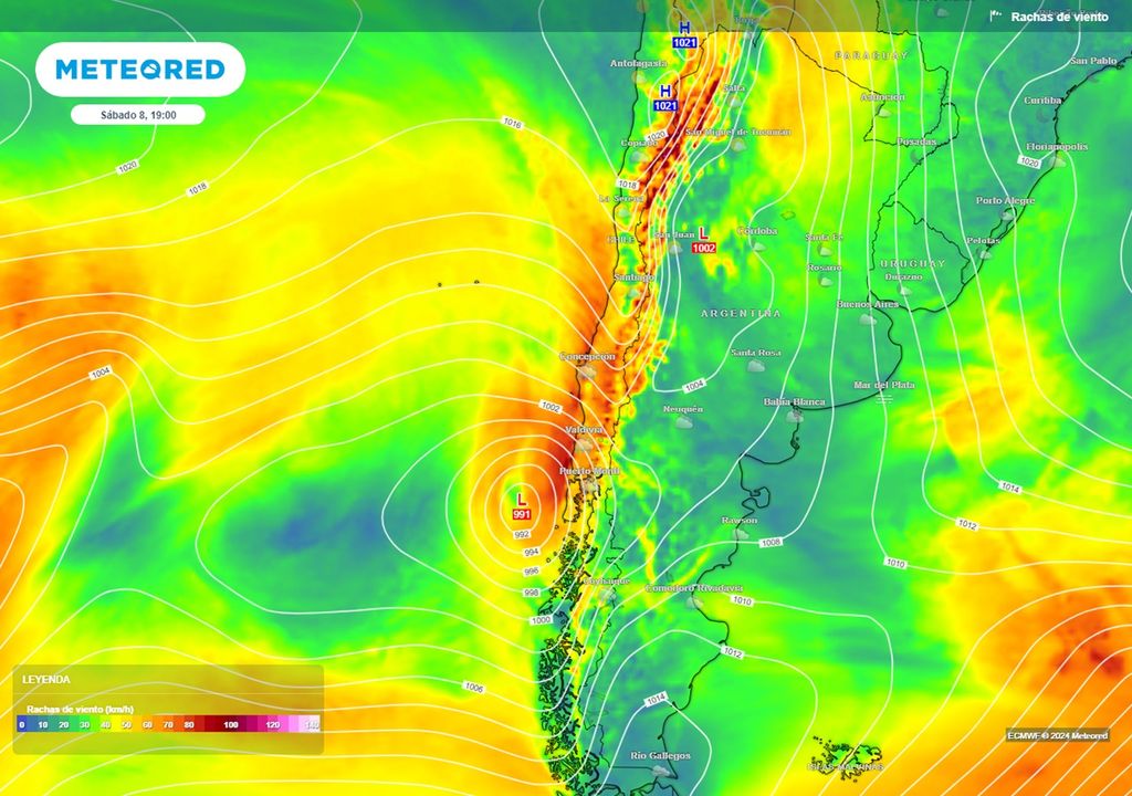 Ráfagas de viento previstas por el modelo del ECMWF Ráfagas de viento previstas por el modelo del ECMWF