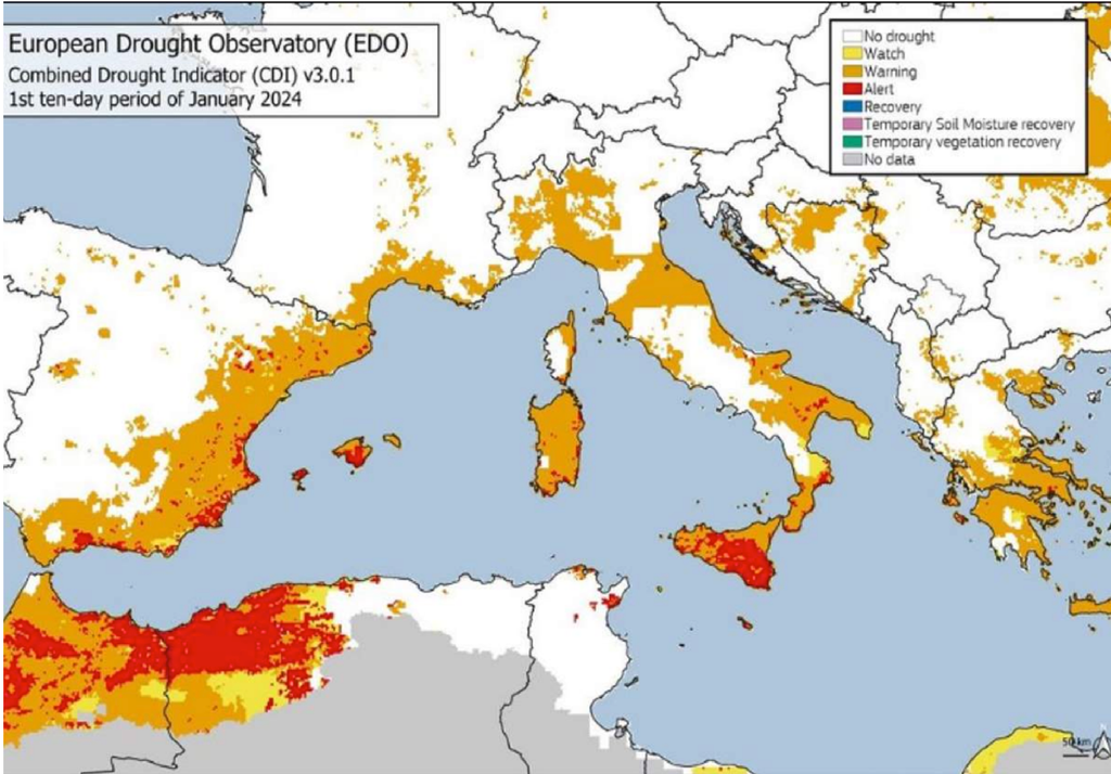 Carte de la distribution géographique de la sécheresse dans le bassin méditerranéen. Crédit : Observatoire mondial de la sécheresse