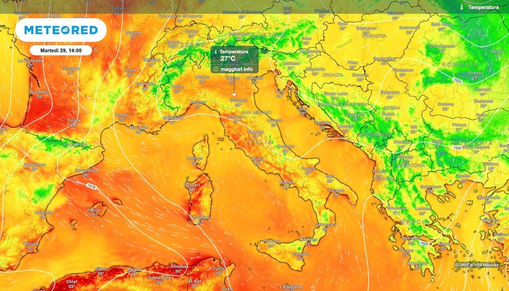 Temperature previste mercoledì 29 settembre: per fine mese, già in autunno meteorologico, sono valori sopra media.