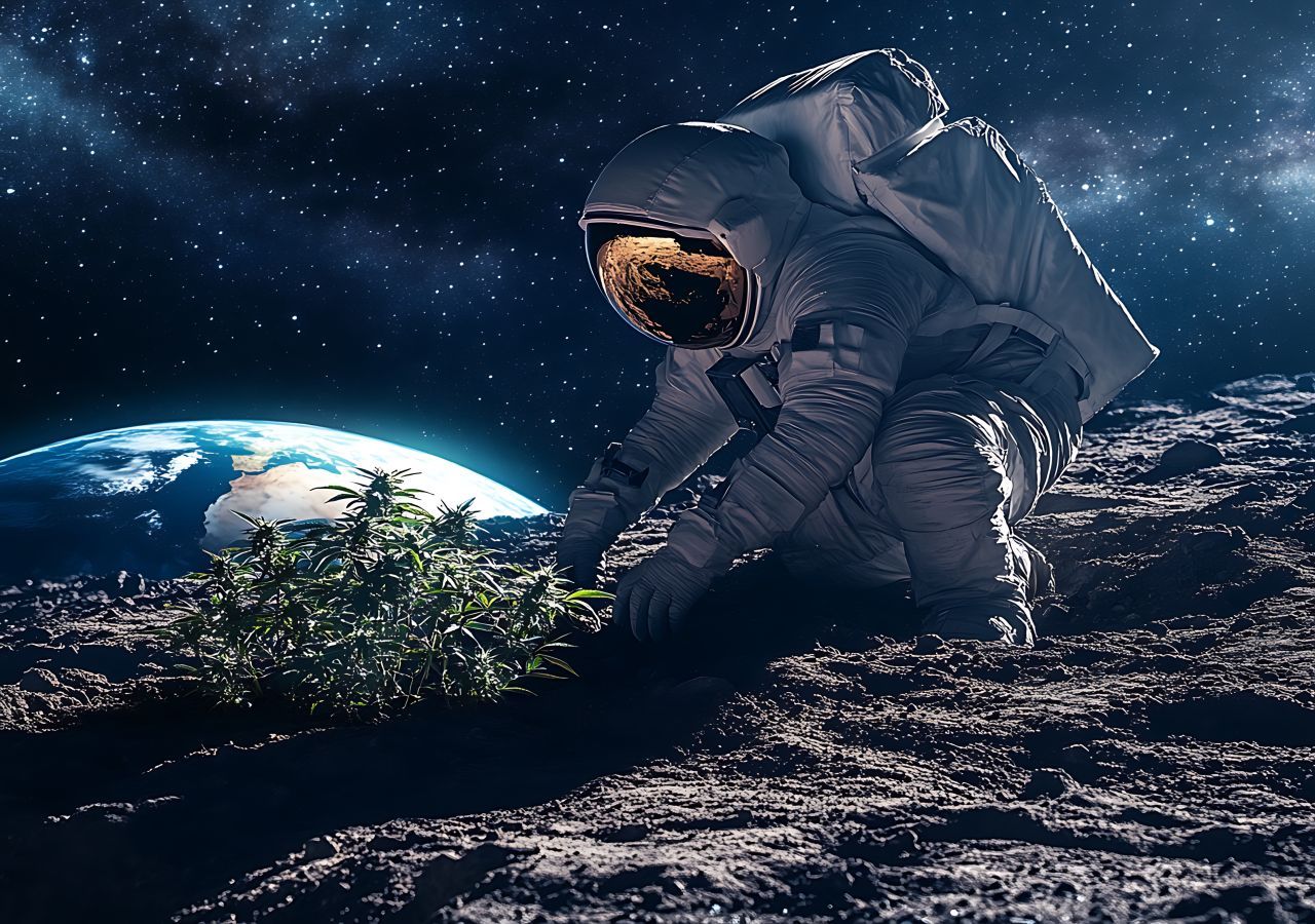 Können wir bald auf dem Mond leben und sogar Pflanzen anbauen, wie dieses KI-generierte Bild zeigt?