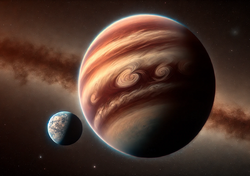 Künstlerische Darstellung eines freifliegenden Planeten und seines Mondes (KI-generiert). Bild: David Dahlbüdding