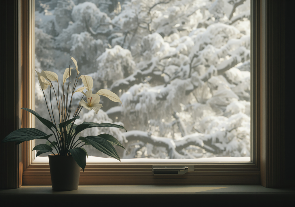 Spathiphyllum am Fenster: Grüne Blätter, weiße Blüten, Ruhe, Frische, Zimmer, Winter