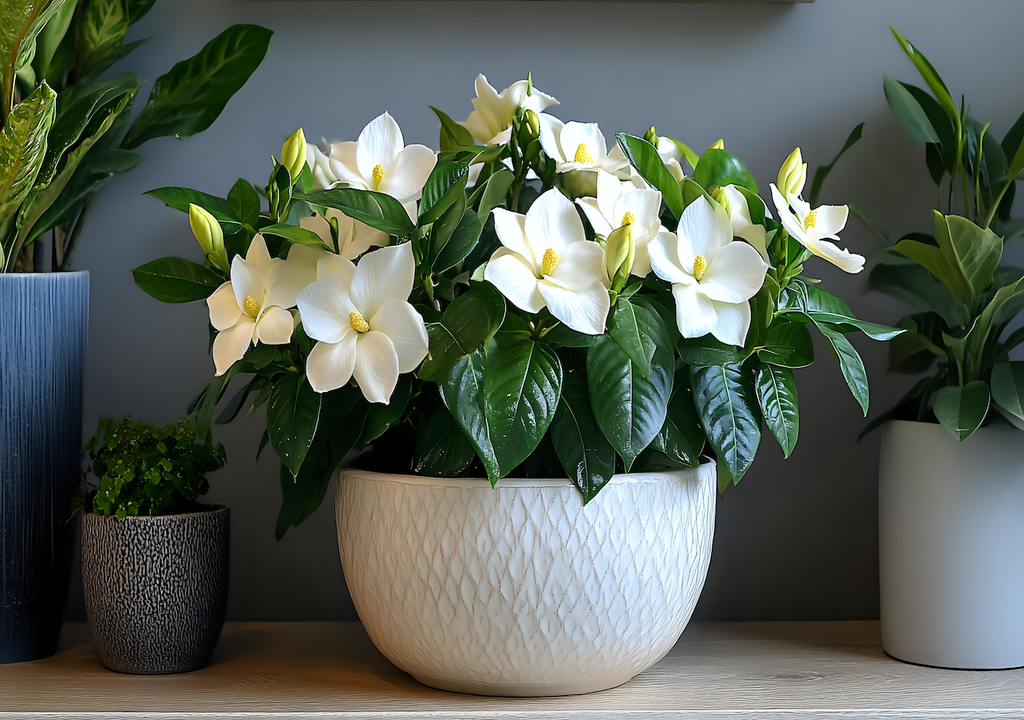 Weiße Gardenien, Blüten, grünes Laub, Dekoration, Zuhause