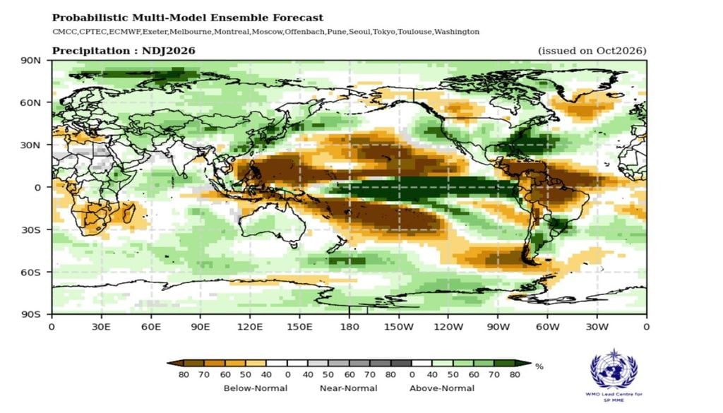 Mapa de precipitaciones previstas. Fuente: OMM.