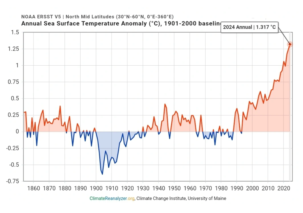Evolución de la anomalía de temperatura superficial del mar en latitudes medias del hemisferio norte (30°N–60°N), desde 1854 hasta 2024.