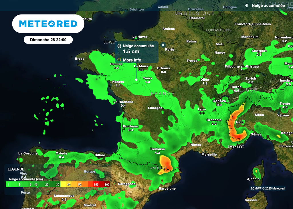 Zones potentiellement touchées par les chutes de neige entre ce soir et demain.