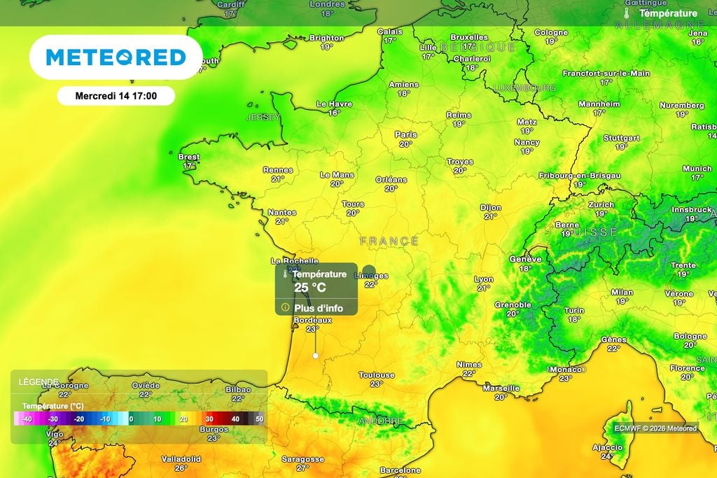 Températures prévues mercredi prochain en France. Températures prévues mercredi prochain en France.