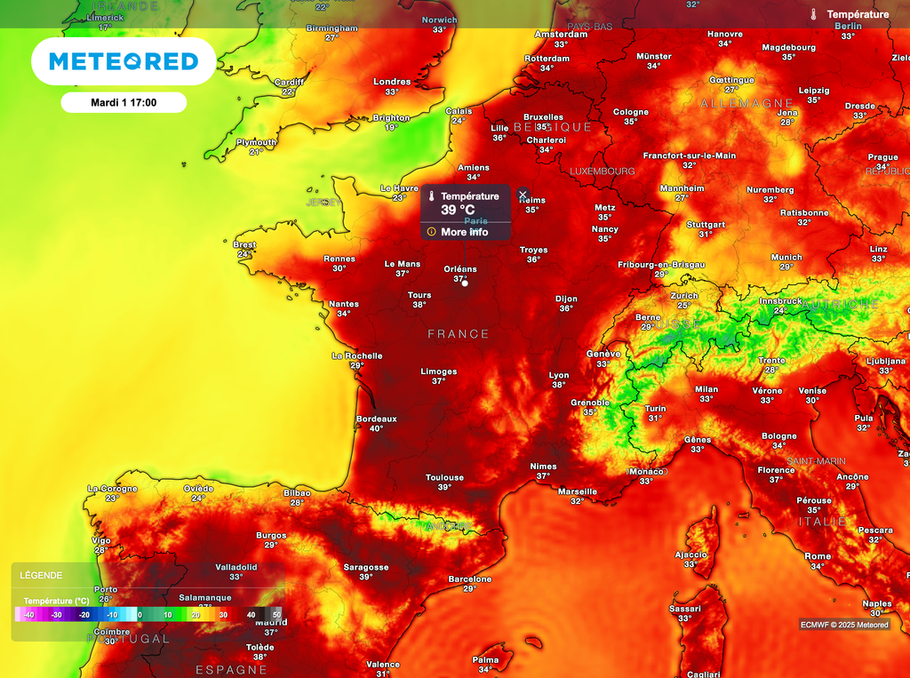 Très fortes chaleurs mardi, quasiment 40°C possibles y compris sur la moitié nord.