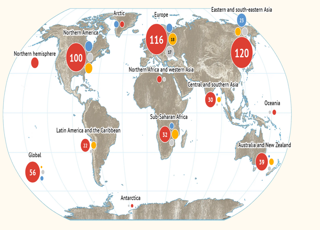 Comment le changement climatique a-t-il influencé l'événement météorologique ? Rouge : plus grave ou probable / Orange : aucune influence / Bleu : moins grave ou probable. @CarbonBrief Comment le changement climatique a-t-il influencé l'événement météorologique ? Rouge : plus grave ou probable / Orange : aucune influence / Bleu : moins grave ou probable. @CarbonBrief