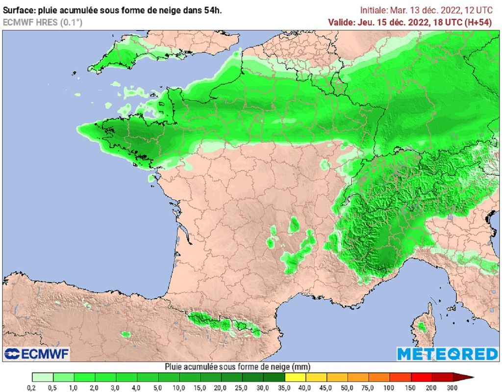 Les cumuls de neige attendus d'ici jeudi pourront ponctuellement dépasser les 10 cm, en particulier en Bretagne (modèle ECMWF via tameteo). Les cumuls de neige attendus d'ici jeudi pourront ponctuellement dépasser les 10 cm, en particulier en Bretagne (modèle ECMWF via tameteo).