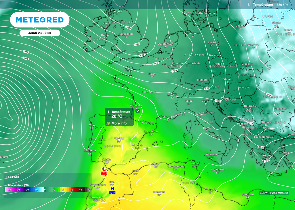 La masse d'air va sensiblement se réchauffer depuis l'Espagne.
