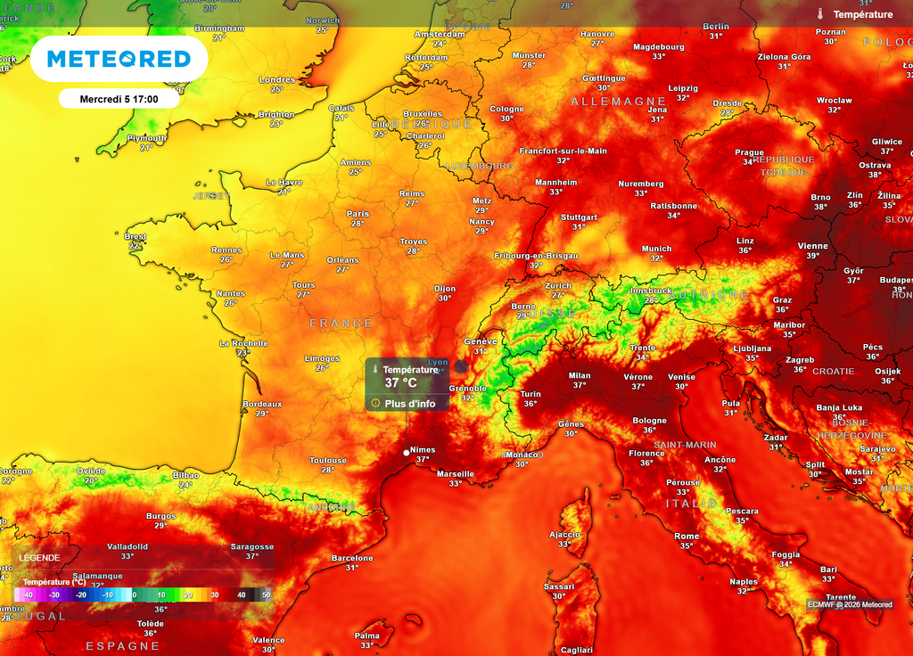 Dans l'intérieur des terres du Languedoc-Roussillon, des pointes à 37°C sont probables ce mercredi après-midi.