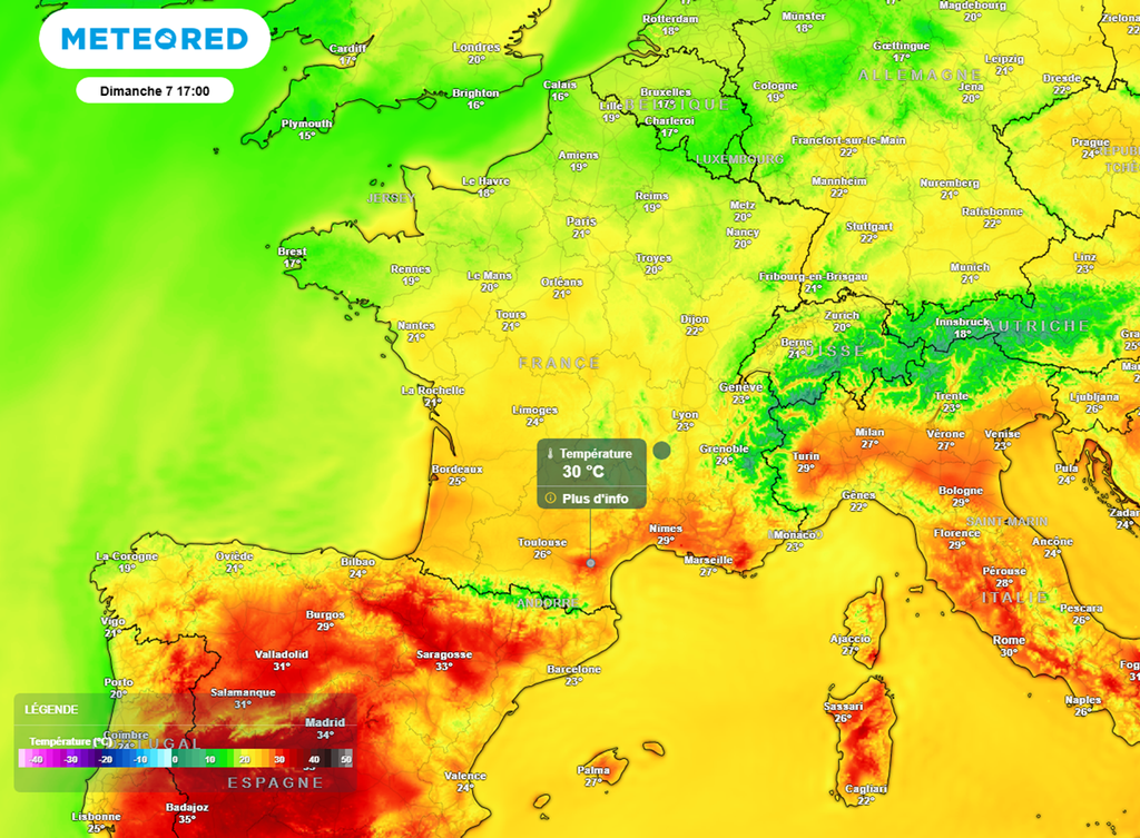 Les 30°C seront localement atteints en Méditerranée dimanche. Il fera plus frais au nord.