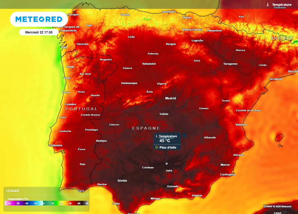Des températures de 40 à 45°C sont attendues en Espagne la semaine prochaine Des températures de 40 à 45°C sont attendues en Espagne la semaine prochaine
