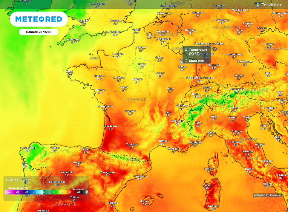 Chaleur dominante jusqu'à samedi avant la mise en place d'un risque de pluies et d'orages.
