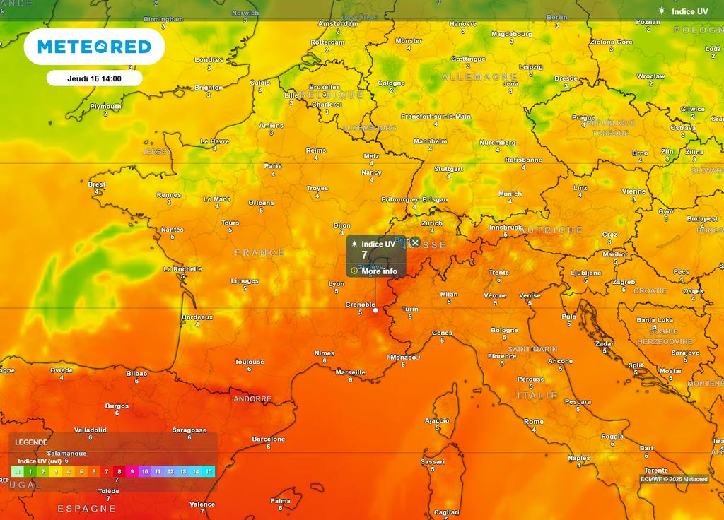 Ce jeudi après-midi, sous les éclaircies, les rayons UV atteindront 4 à 5 sur la moitié Nord, jusqu'à 6 dans la moitié Sud, et même 7 dans les vallées alpines, en montagne.