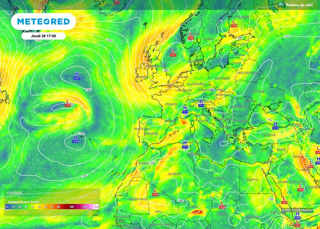 Une configuration favorable à des vent un peu plus forts notamment sur un bon quart nord-ouest. Une configuration favorable à des vent un peu plus forts notamment sur un bon quart nord-ouest.